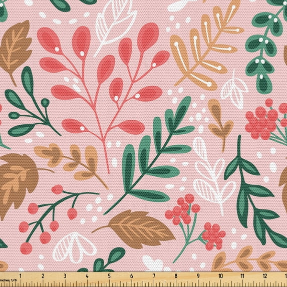 Ambesonne Autumn Fabric by the Yard Upholstery, Flowers Leaves Berries Art, 2 Yards, Dark Salmon Sea Green