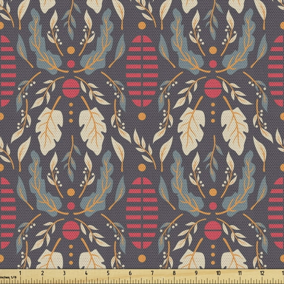 Ambesonne Autumn Fabric by the Yard Upholstery, Various Leaves Branches Art, 5 Yards, Dark Taupe Grey and Hot Pink