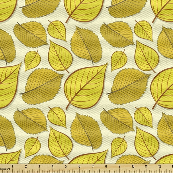 Ambesonne Autumn Fabric by the Yard Upholstery, Yellow Leaves of Fall Season, 2 Yards, Earth Yellow Eggshell