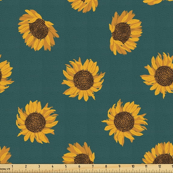Ambesonne Autumn Fabric by the Yard Upholstery, Vintage Sunflowers Print, 5 Yards, Orange Teal Brown