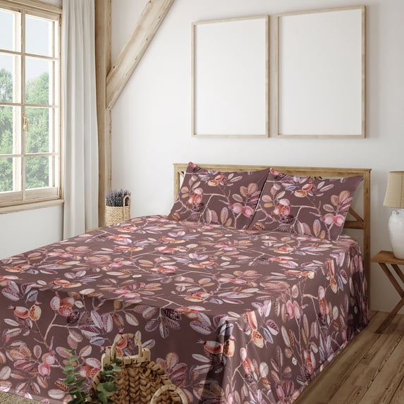 Ambesonne Autumn Fitted & Flat Sheet with Shams 4 Pcs Set, Dog Rose Branches Pattern, Queen, Pale Redwood Blush and Pink