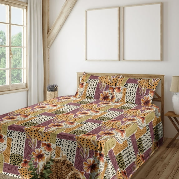 Ambesonne Autumn Fitted & Flat Sheet with Shams 4 Pcs Set, Sunflowers Semicircles Art, King, Pale Orange and Dark Mustard