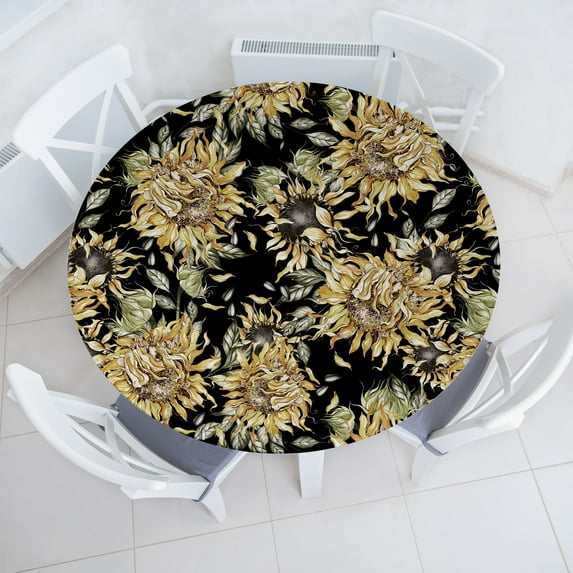 Ambesonne Autumn Fitted Round Tablecloth, Sunflowers Nature Floral, 45"- 56" Diameter, Avocado Green and Black