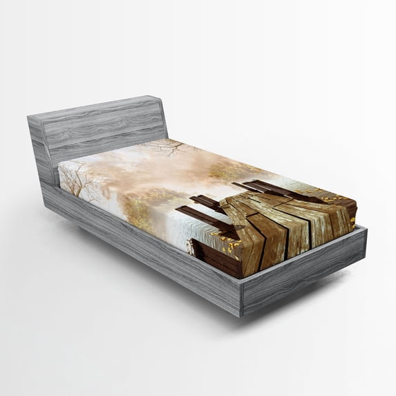 Ambesonne Autumn Fitted Sheet 2 Pcs Set, Fall Lake in Forest, Twin, Pale Brown Green Tan