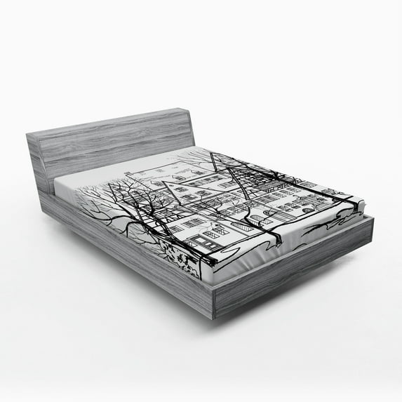 Ambesonne Autumn Fitted Sheet, European Town Street, Queen Size, Black White