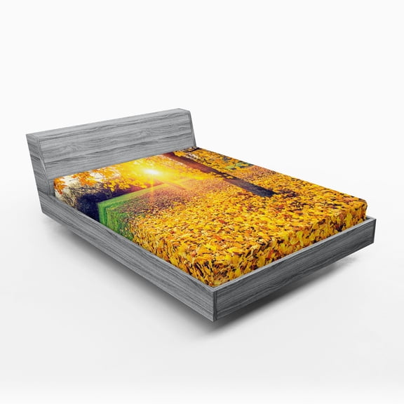 Ambesonne Autumn Fitted Sheet, Evening Natural Park, Queen Size, Yellow Green