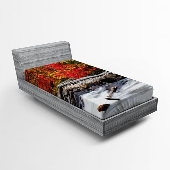 Ambesonne Autumn Fitted Sheet, Fall Forest Driftwood, Twin Size, Red