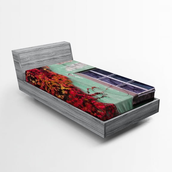 Ambesonne Autumn Fitted Sheet, Fall Ivy on Old House, Twin Size, Red Mint Green