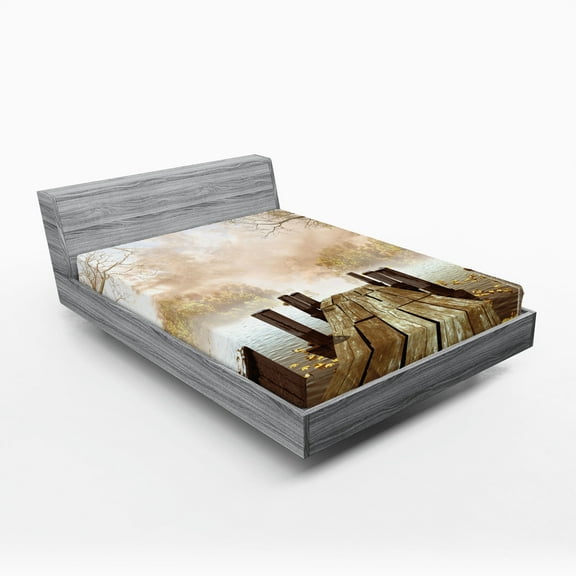 Ambesonne Autumn Fitted Sheet, Fall Lake in Forest, Full Size, Pale Brown Green Tan