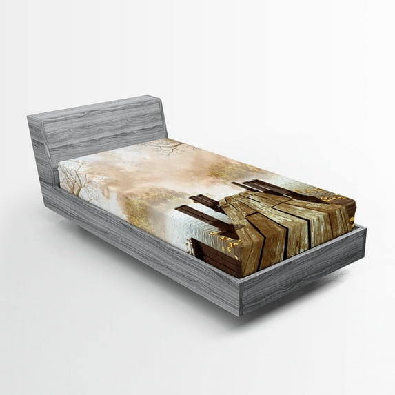 Ambesonne Autumn Fitted Sheet, Fall Lake in Forest, Twin XL Size, Pale Brown Green Tan