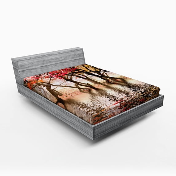 Ambesonne Autumn Fitted Sheet, Fall Season River with Trees, Full Size, Brown and Magenta