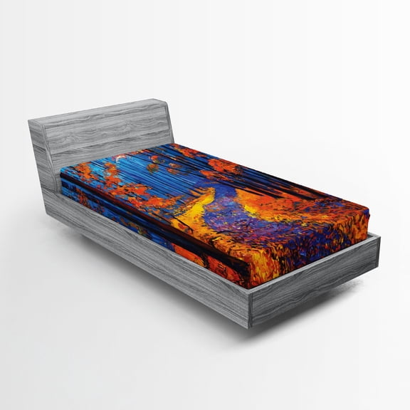 Ambesonne Autumn Fitted Sheet, Forest in Fall Season, Twin Size, Orange Navy