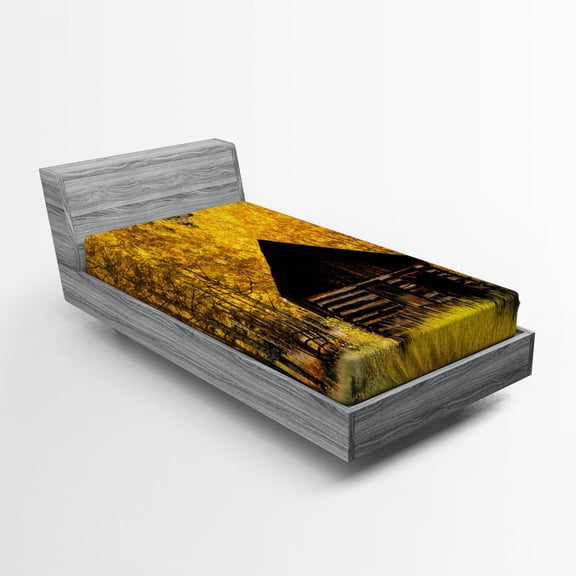 Ambesonne Autumn Fitted Sheet, Landscape Cottage Grunge, Twin XL Size, Yellow and Brown