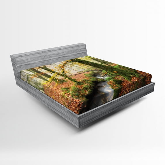 Ambesonne Autumn Fitted Sheet, Misty Woods Cornwall, Full Size, Orange Green Yellow