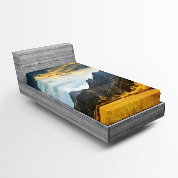 Ambesonne Autumn Fitted Sheet, Mountain Grassland Sun, Twin XL Size, Earth Yellow Bluegrey