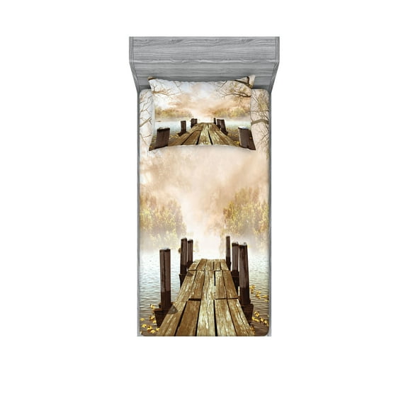 Ambesonne Autumn Fitted Sheet & Pillow Sham Set, Fall Lake in Forest, Twin, Pale Brown Green Tan