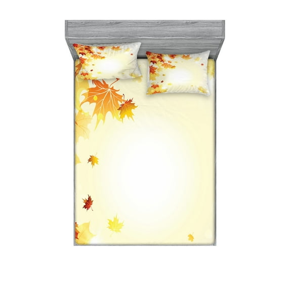 Ambesonne Autumn Fitted Sheet & Pillow Sham Set, Flying Maple Leaves, Full, Pale Mustard Dark Orange