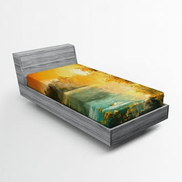 Ambesonne Autumn Fitted Sheet, Retro Lake Scenery Art, Twin Size, Green Orange Blue