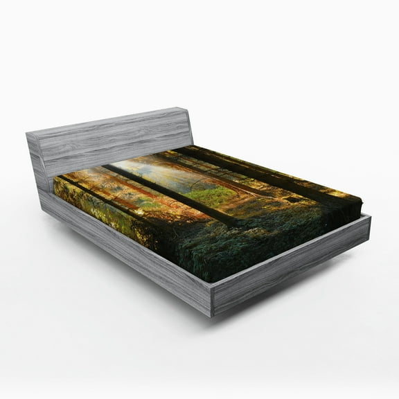 Ambesonne Autumn Fitted Sheet, Sunset Dark Pine Trees, Full Size, Orange Green