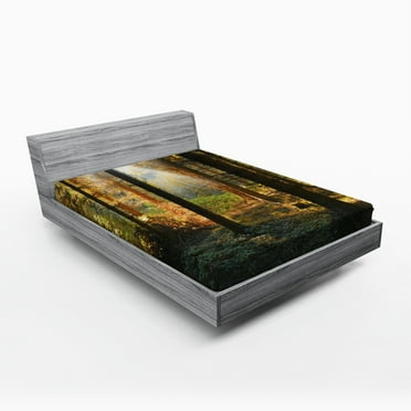 Ambesonne Autumn Fitted Sheet, Sunset Dark Pine Trees, Queen Size, Orange Green