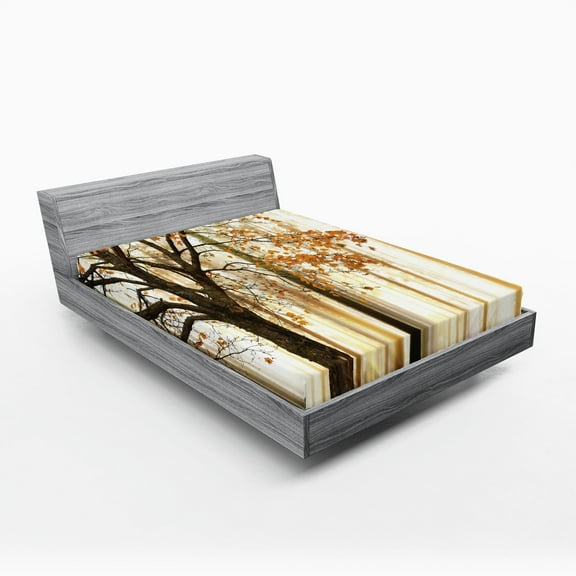 Ambesonne Autumn Fitted Sheet, Tree in Abstract Woods, Queen Size, Orange Brown