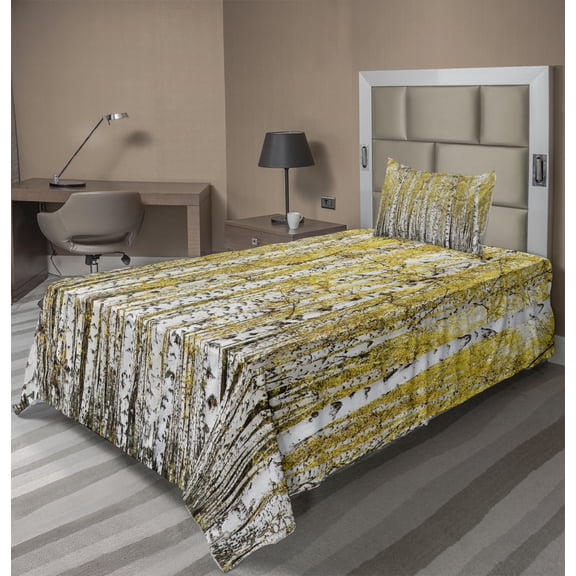 Ambesonne Autumn Fitted & Top Sheet Set with Sham, Forest Golden Leaves, Yellow Grey