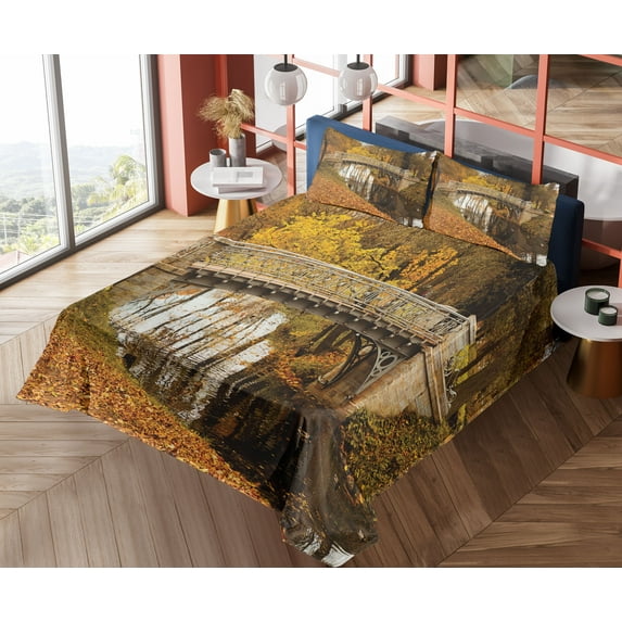 Ambesonne Autumn Fitted & Top Sheet Set with Shams, Old Bridge in Fall Forest, Multicolor