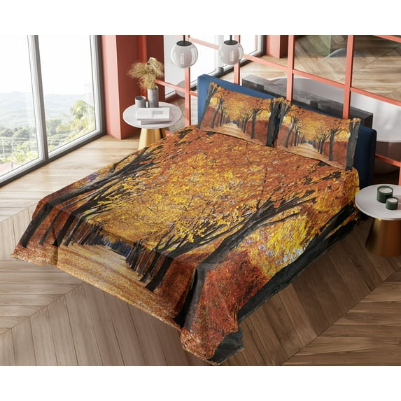 Ambesonne Autumn Fitted & Top Sheet Set with Shams, Pathway in the Woods, Orange Brown