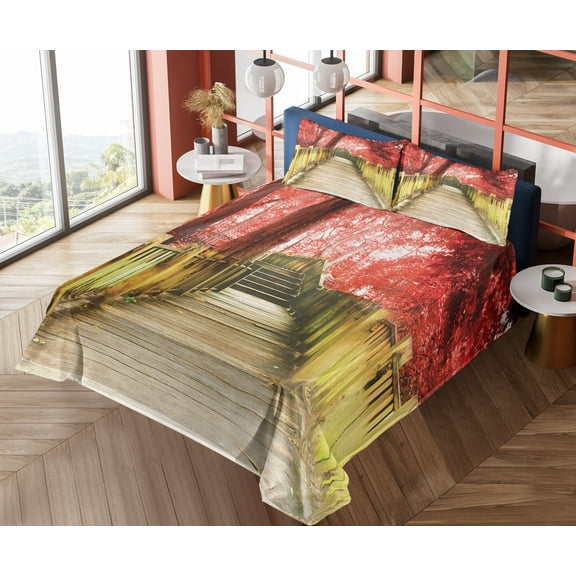 Ambesonne Autumn Fitted & Top Sheet Set with Shams, Rustic Wooden Walkway, Vermilion and Pale Brown