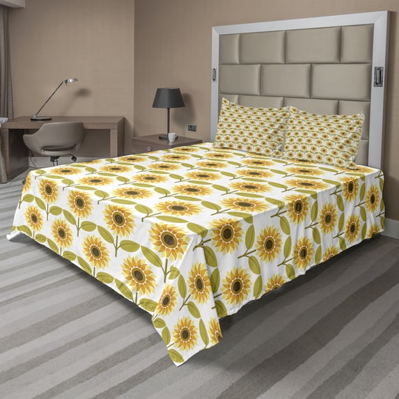 Ambesonne Autumn Fitted & Top Sheet Set with Shams, Sunflowers Retro Country, Yellow White Green