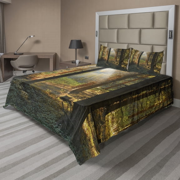 Ambesonne Autumn Fitted & Top Sheet Set with Shams, Sunset Dark Pine Trees, Orange Green