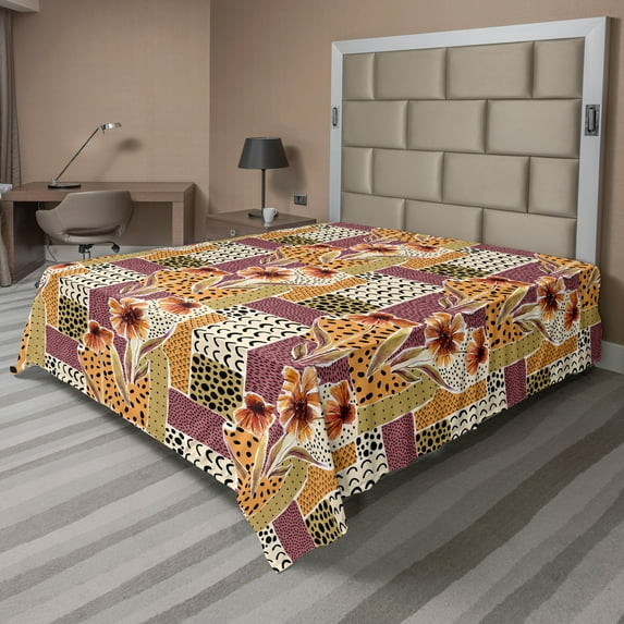 Ambesonne Autumn Flat Bedding Sheet Soft Top Sheet, Sunflowers Semicircles Art, Full, Pale Orange and Dark Mustard