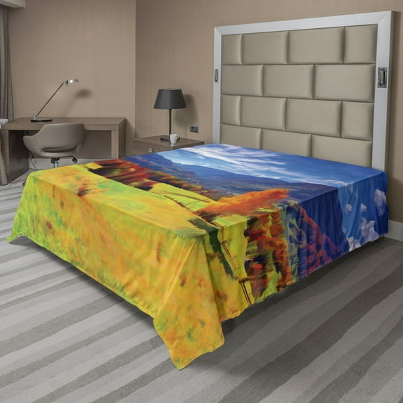 Ambesonne Autumn Flat Sheet, Alpine Mountain Design, Queen Size, Multicolor