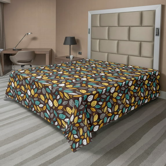 Ambesonne Autumn Flat Sheet, Autumn Cartoonish Leaves, Full Size, Brown and Multicolor
