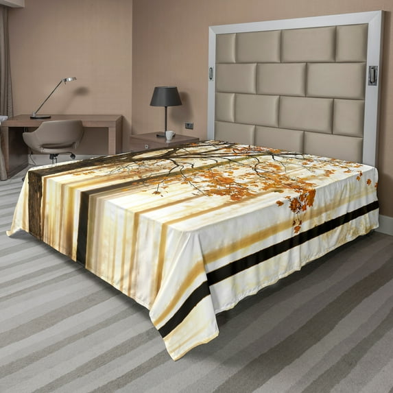 Ambesonne Autumn Flat Sheet, Bare Branches Fall Leaves, King Size, Taupe Orange