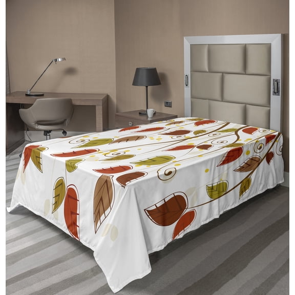 Ambesonne Autumn Flat Sheet, Branches Leaves Fall, TwinXL Size, Burnt Sienna Brown Green