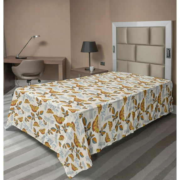 Ambesonne Autumn Flat Sheet, Butterfly Leaves Dragonfly, TwinXL Size, Eggshell and Marigold