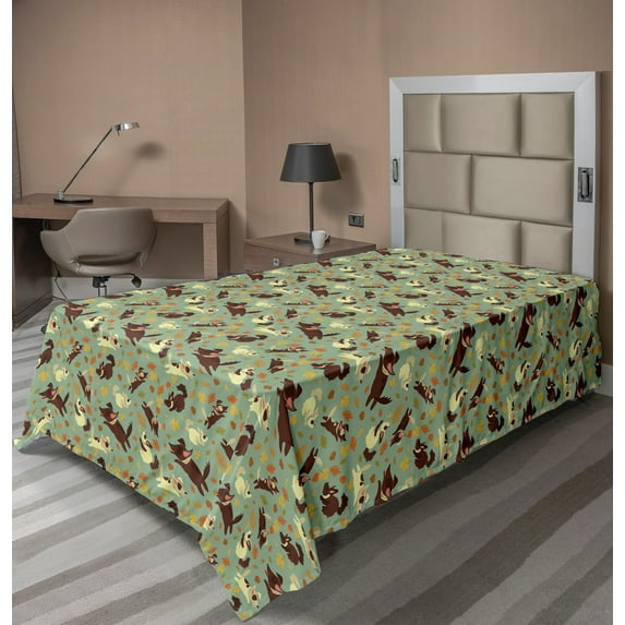 Ambesonne Autumn Flat Sheet, Cartoon Puppies Playing Art, TwinXL Size, Almond Green and Multicolor