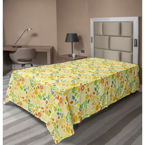 Ambesonne Autumn Flat Sheet, Colorful Happy Season Design, Twin Size, Apple Green and Cream