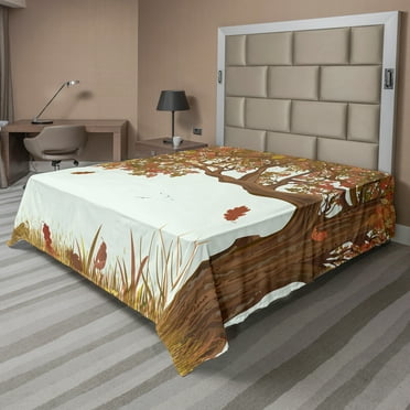 Ambesonne Autumn Flat Sheet, Deciduous Oak Leaves, King Size, Umber Redwood