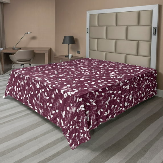 Ambesonne Autumn Flat Sheet, Dotted Lines Abstract Leaves, Queen Size, Eggplant Grey Pink White