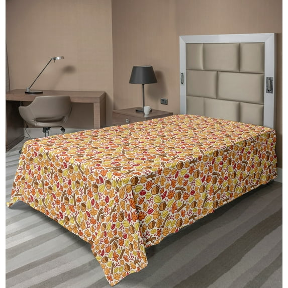 Ambesonne Autumn Flat Sheet, Fall Forest Cartoon Leaves, TwinXL Size, Mustard Apricot and Brown