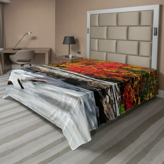 Ambesonne Autumn Flat Sheet, Fall Forest Driftwood, Full Size, Red