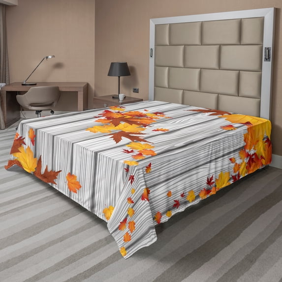 Ambesonne Autumn Flat Sheet, Fall Maple Leafs Tree, Queen Size, Orange White