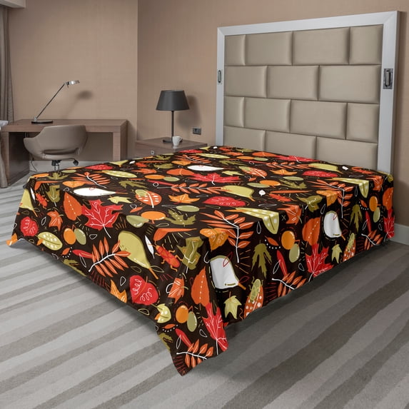 Ambesonne Autumn Flat Sheet, Fall Season Foliage Doodle, Queen Size, Dark Brown and Multicolor