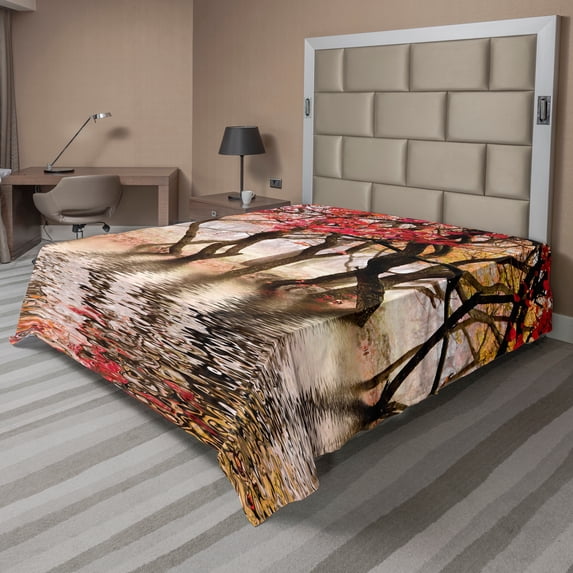 Ambesonne Autumn Flat Sheet, Fall Season River with Trees, Full Size, Brown and Magenta
