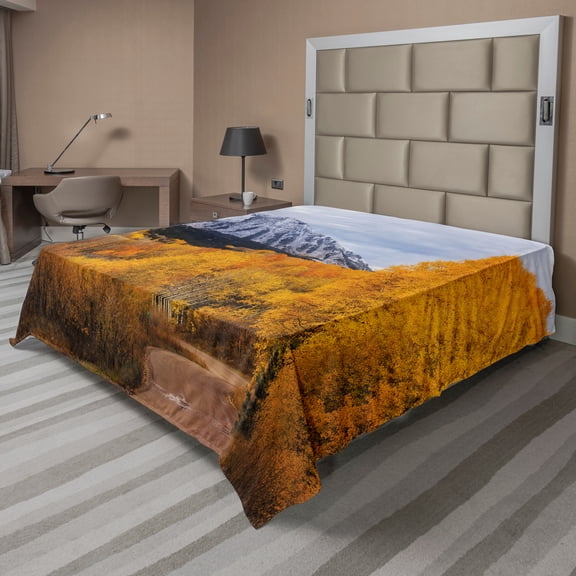 Ambesonne Autumn Flat Sheet, Fall Season with Mountain, Full Size, Orange Pale Ceil Blue