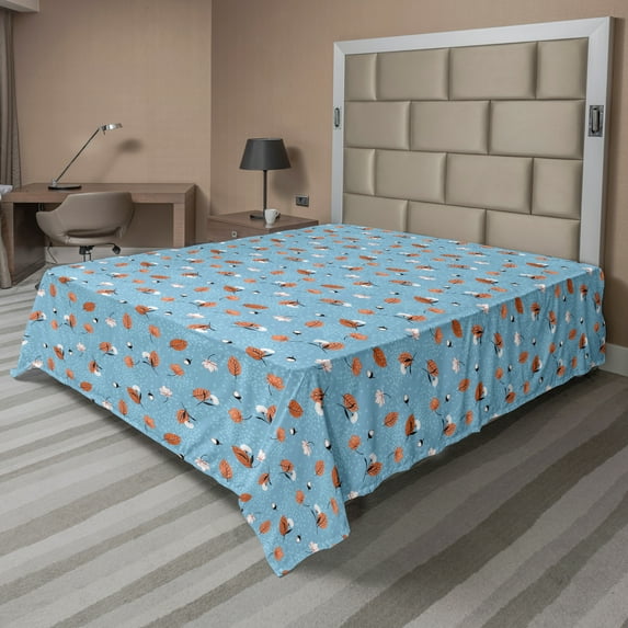 Ambesonne Autumn Flat Sheet, Foliage Dry Leaves Fall Art, Queen Size, Pale Sky Blue Salmon