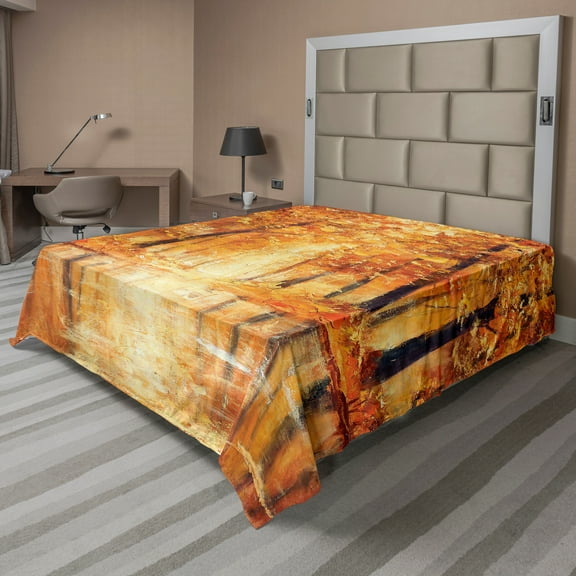 Ambesonne Autumn Flat Sheet, Forest Lake Fall Trees, Full Size, Orange Brown