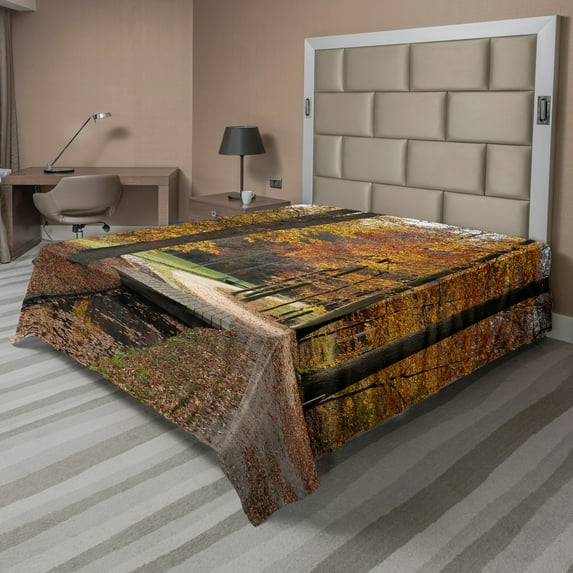 Ambesonne Autumn Flat Sheet, Gloomy Day Forest Path, King Size, Seal Brown Marigold